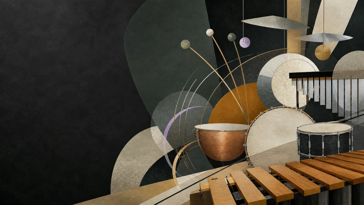 Abstract collage of marimba bars, drums, suspended metal percussion and mallets in graphite, green, maple and amber