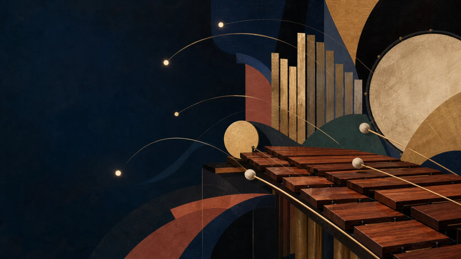 Abstract marimba and percussion forms in midnight blue, walnut, terracotta, and antique gold