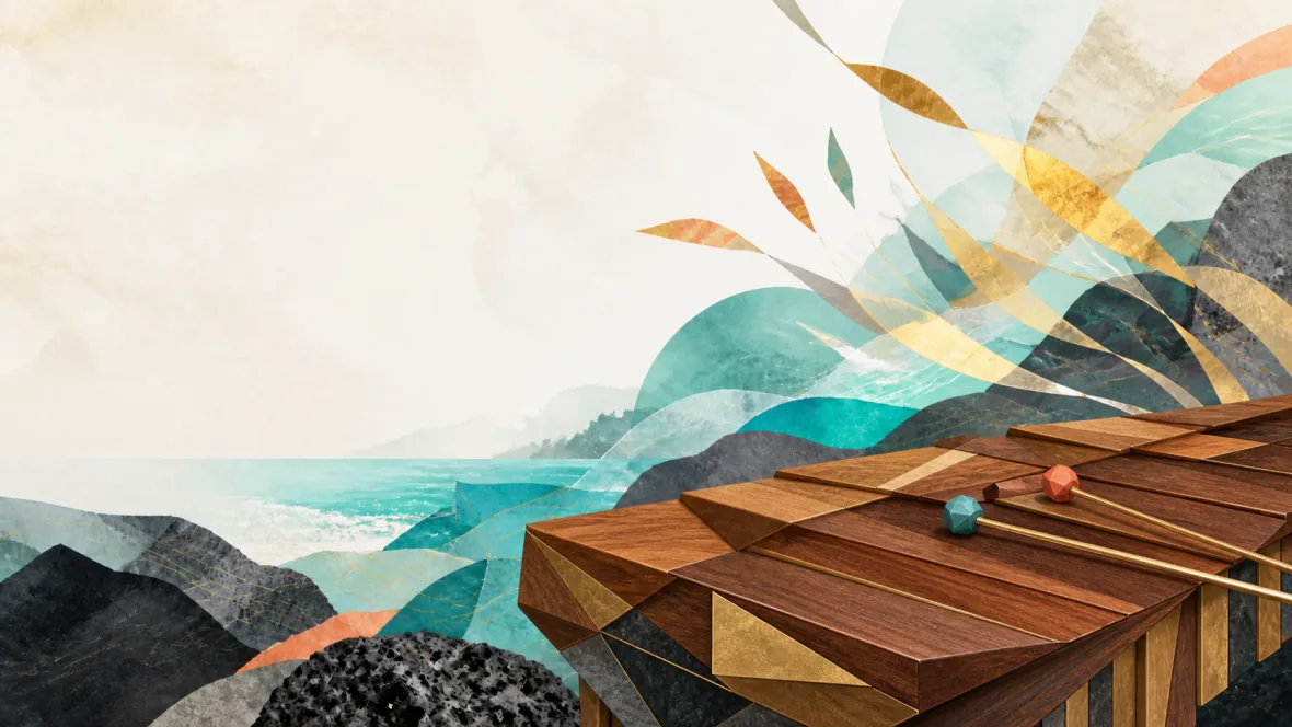 Abstract marimba, Jeju sea, volcanic stone, and brass-colored wind arcs in a luminous paper collage