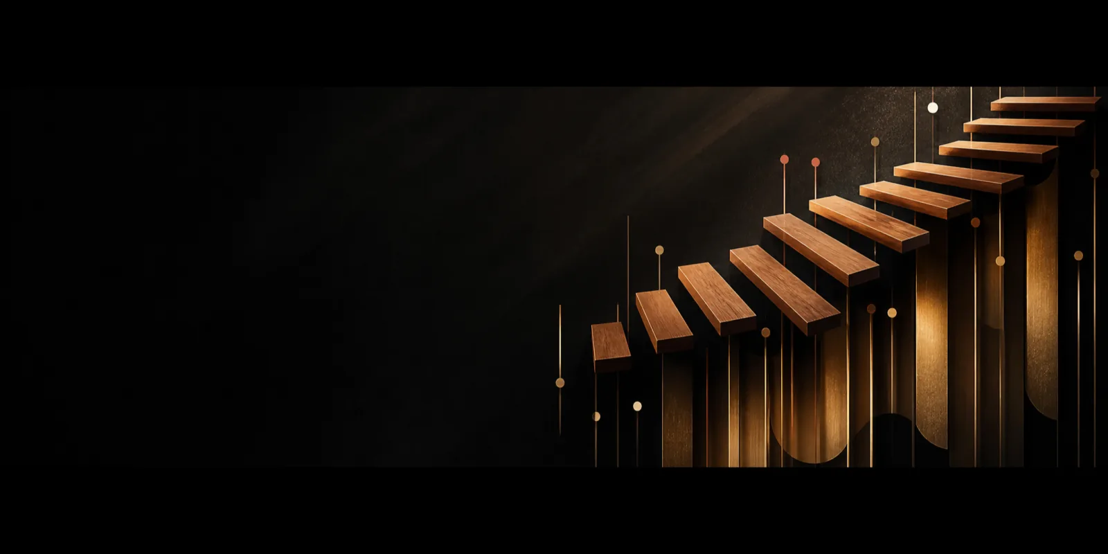Abstract ascending wooden tone bars and golden resonator-like forms on a charcoal field