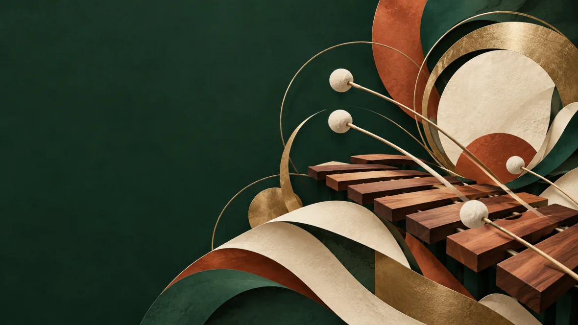 Wooden bars, mallets and abstract rings in a forest green, brass and terracotta paper collage
