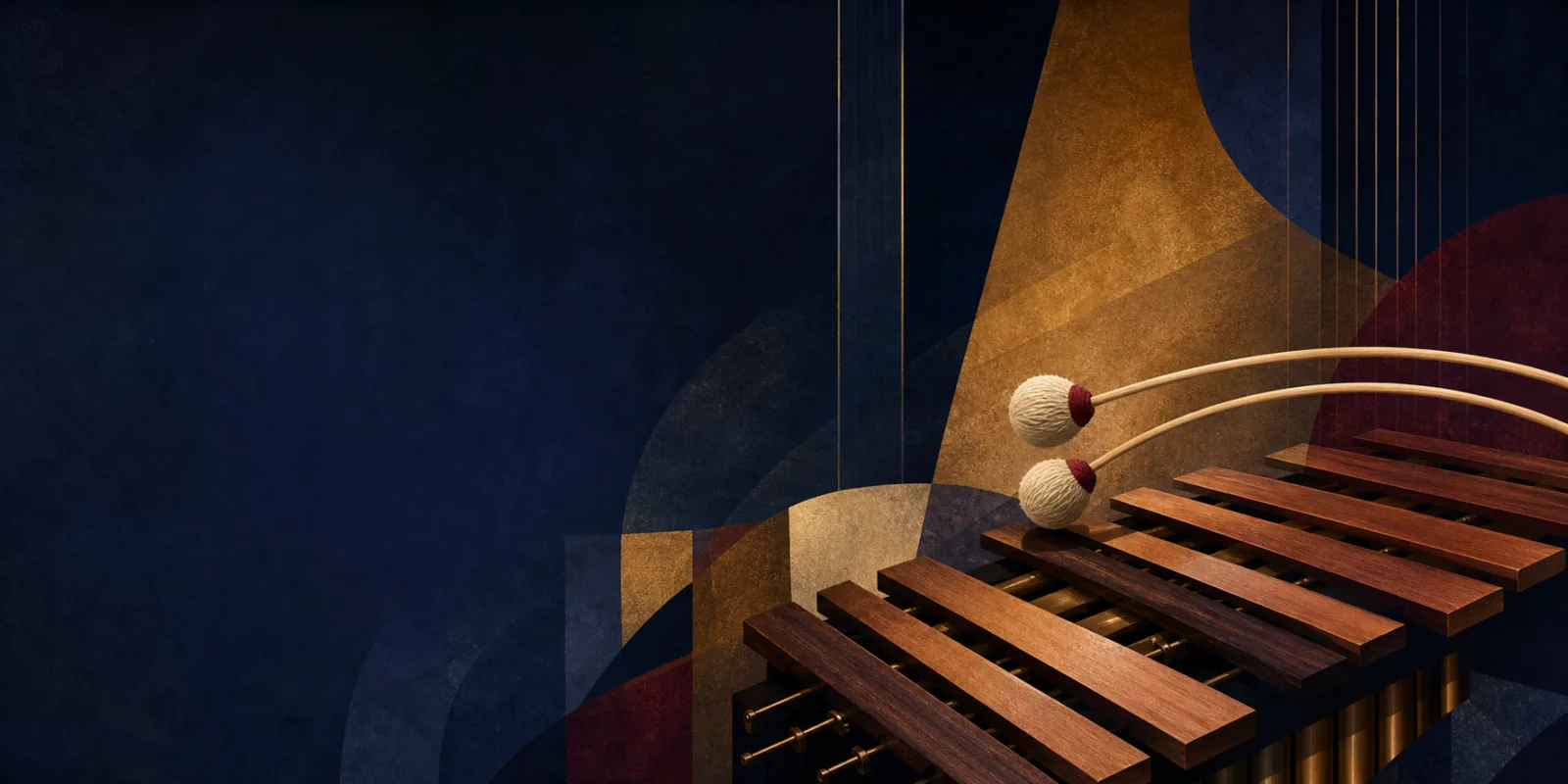 Abstract marimba bars and mallets under navy, amber, and burgundy gala lighting