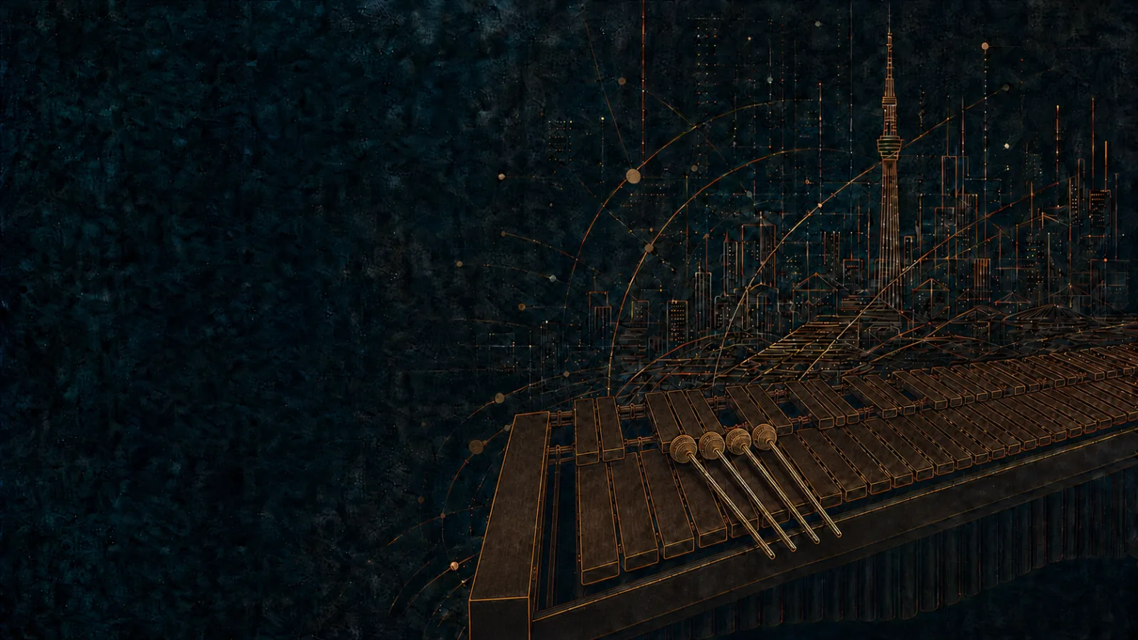 Copper line-art marimba and four mallets merging into a Tokyo night skyline beneath international light trajectories