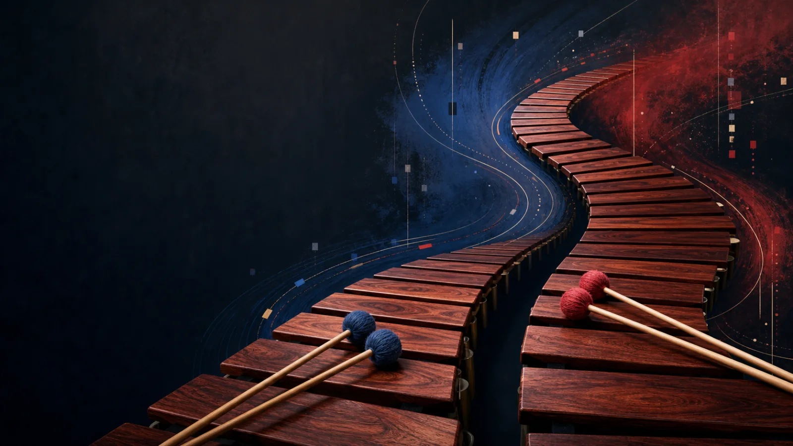 Two curving paths of rosewood marimba bars under crimson and cobalt light
