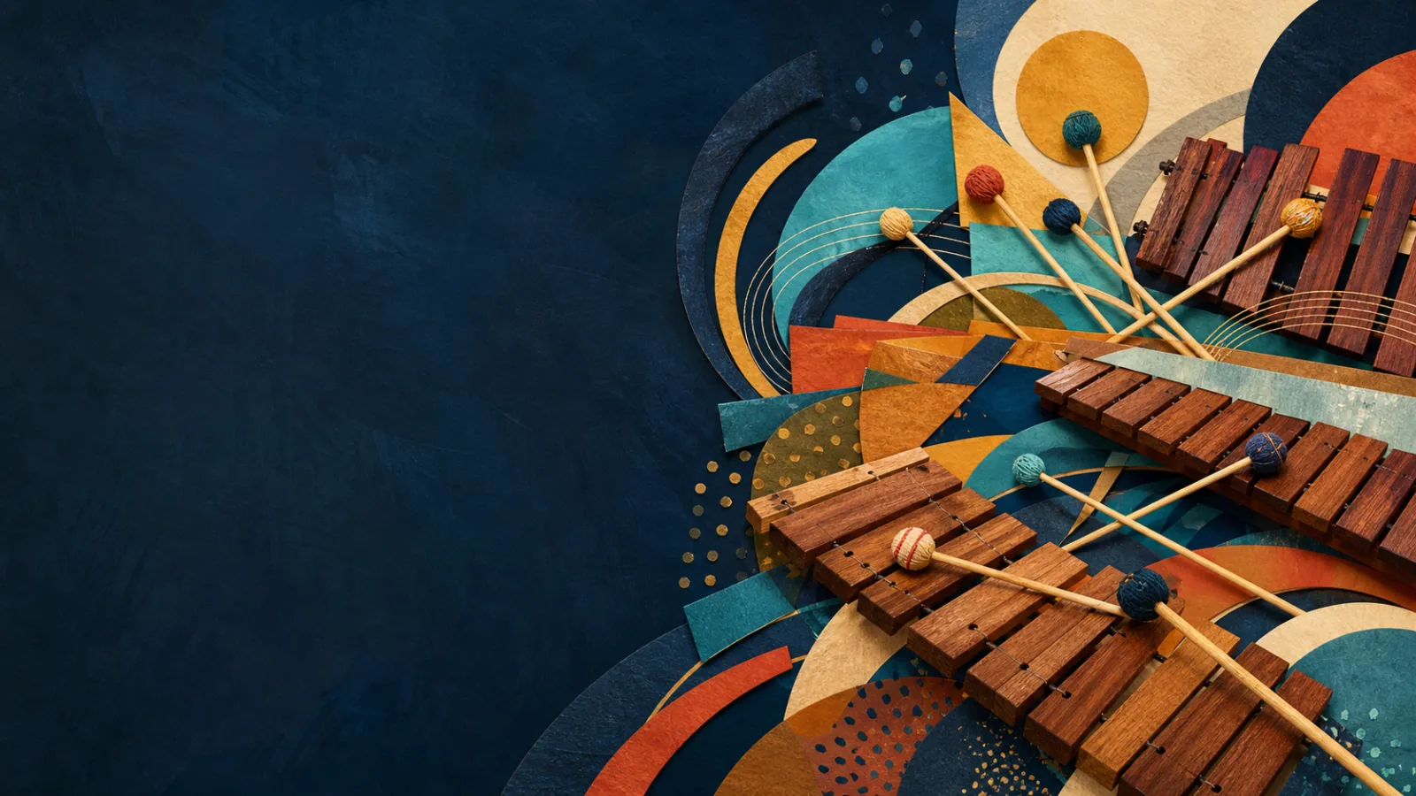 Abstract marimba ensemble forms in indigo, ochre, terracotta and turquoise