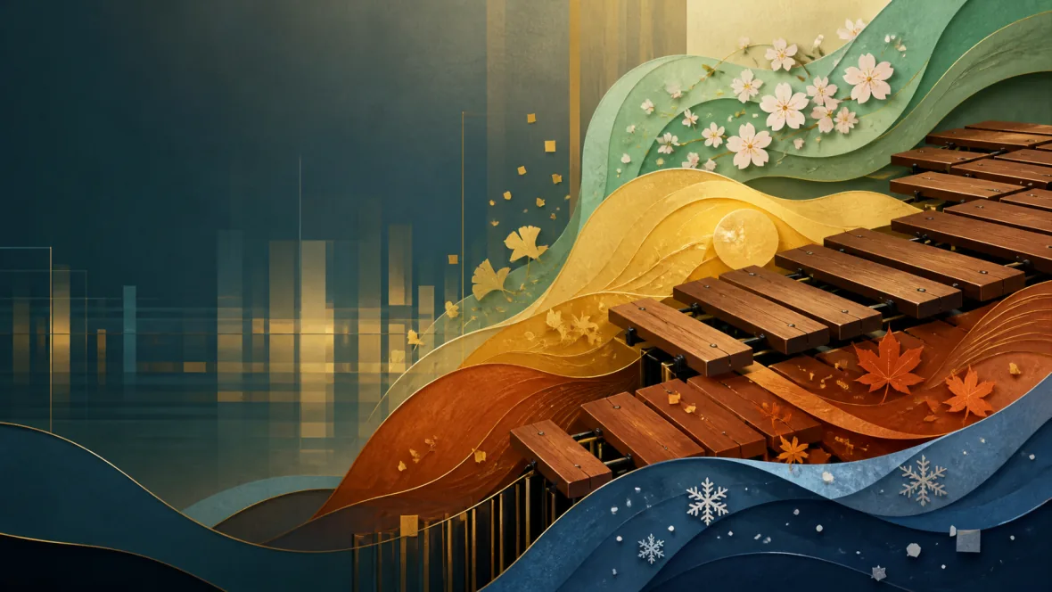 Abstract marimba bars flowing through the colours of four seasons