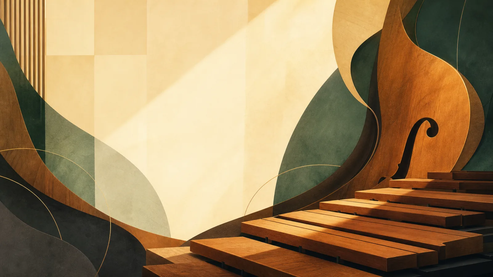Abstract marimba and cello forms in jade, amber, and cream