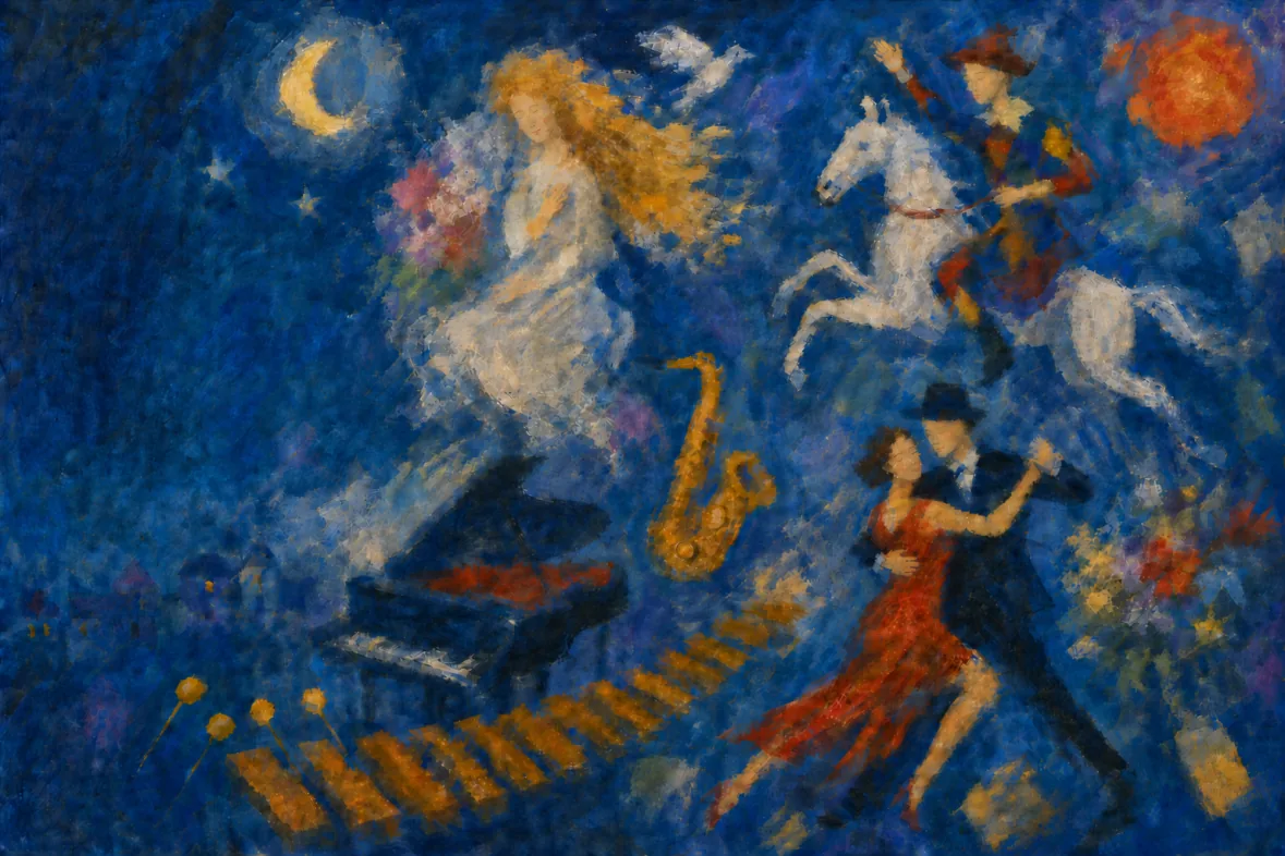 Dreamlike blue painting with a harlequin on horseback, a maiden, tango dancers, saxophone, piano, and marimba tone bars