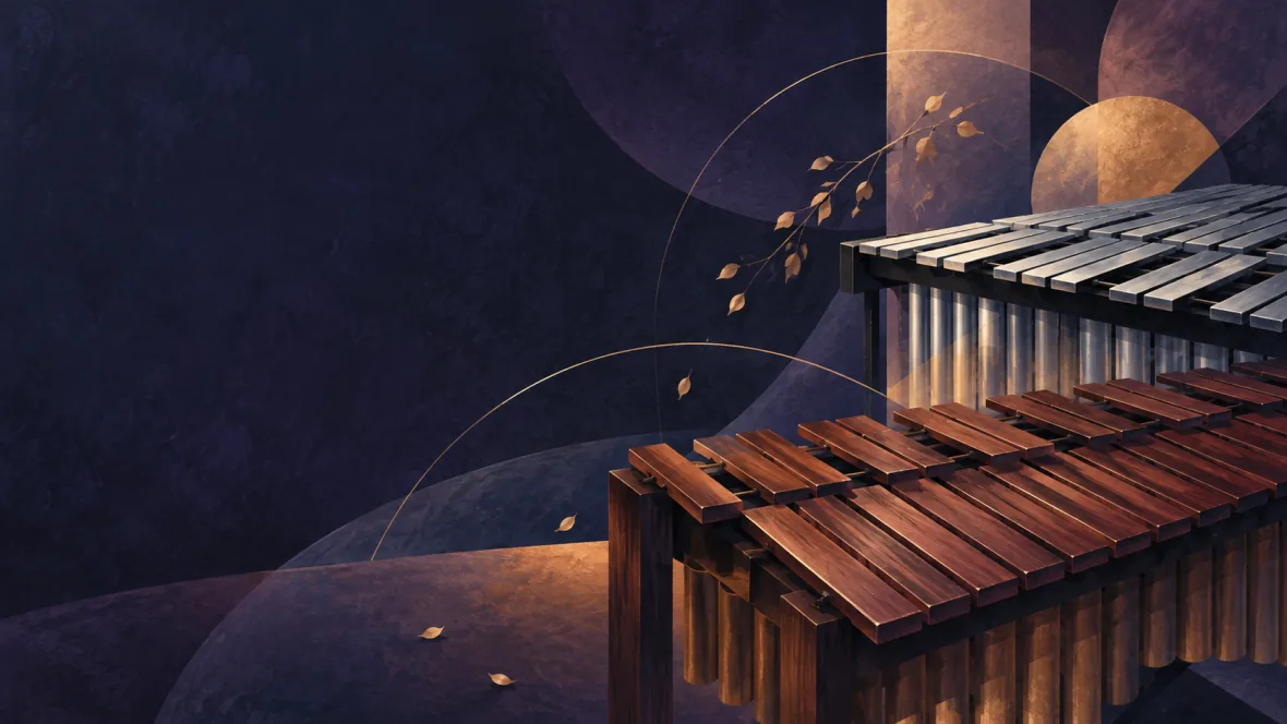 Marimba and vibraphone forms in a deep indigo editorial composition