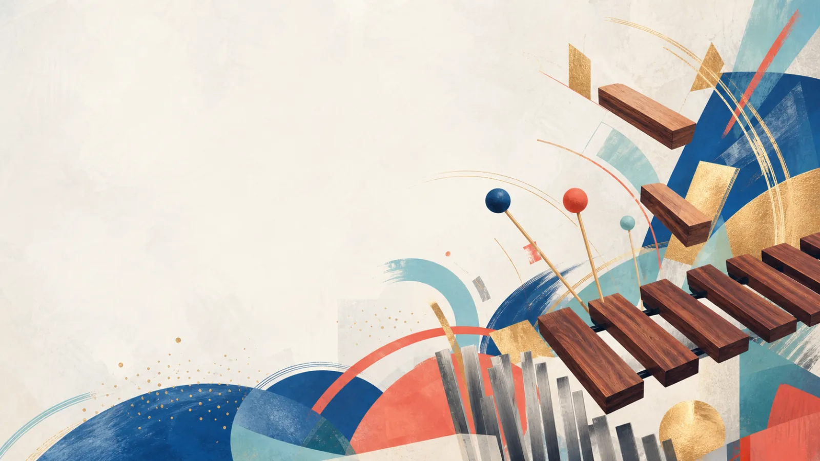 Abstract mallet percussion forms in cobalt, coral, aqua, and gold