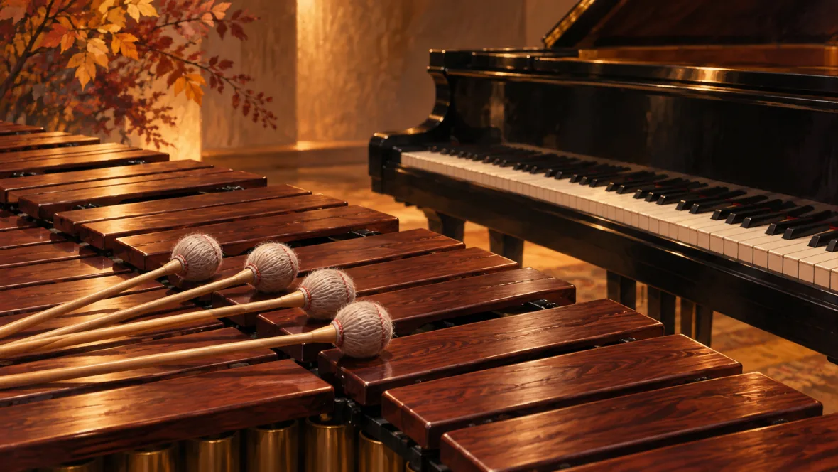 Marimba and grand piano in warm light, an AI-generated illustration