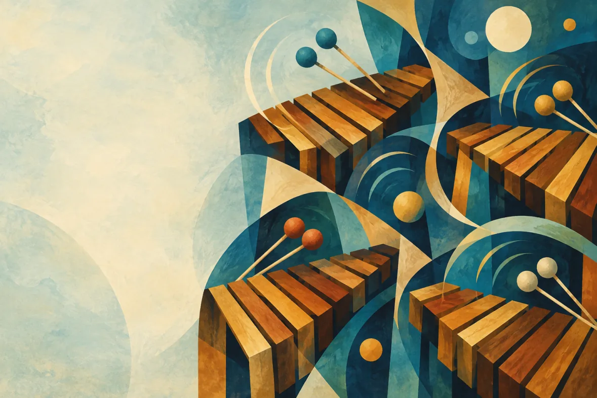 Abstract marimba bars and mallets in teal and amber (AI-generated)
