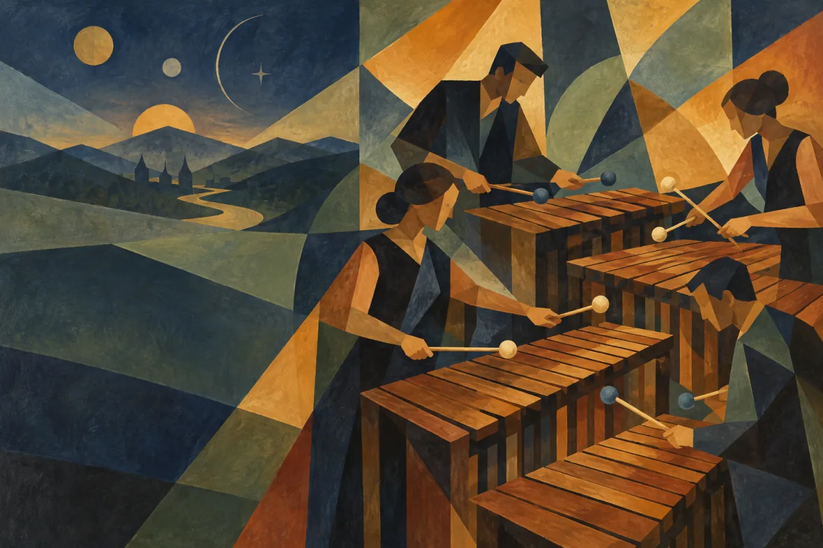 Cubist marimba quartet in amber and indigo (AI-generated)