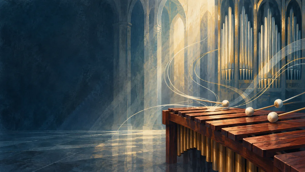 Abstract marimba and organ-pipe forms in a luminous cathedral-like concert space
