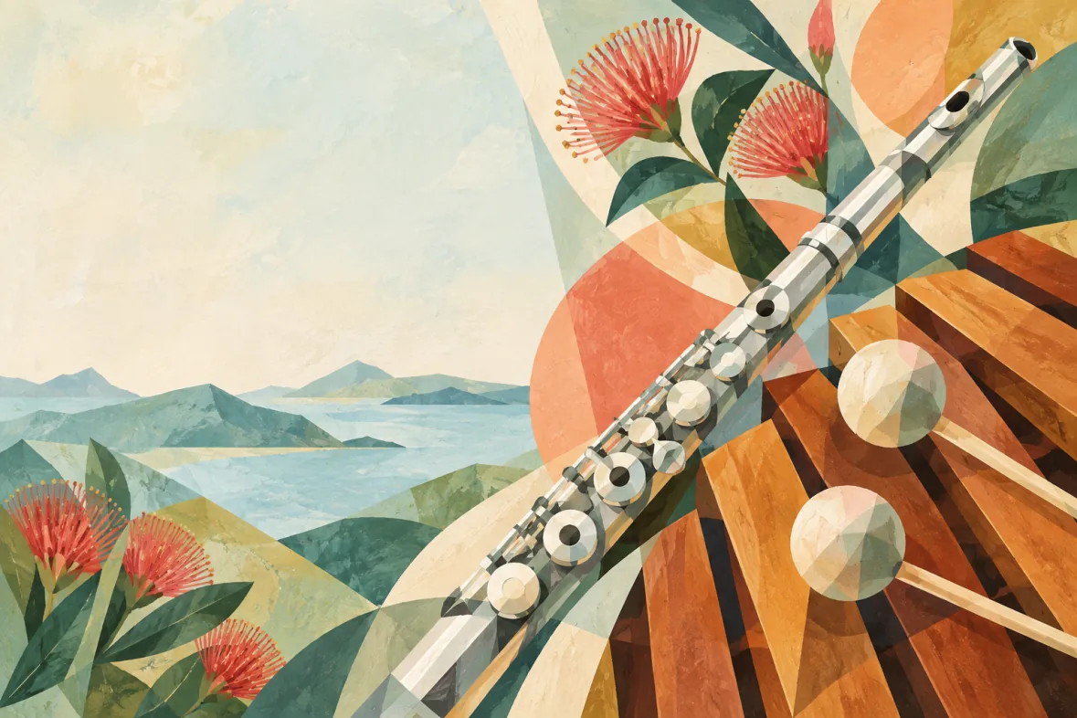 Abstract flute and wooden marimba bars in pastel colours (AI-generated)