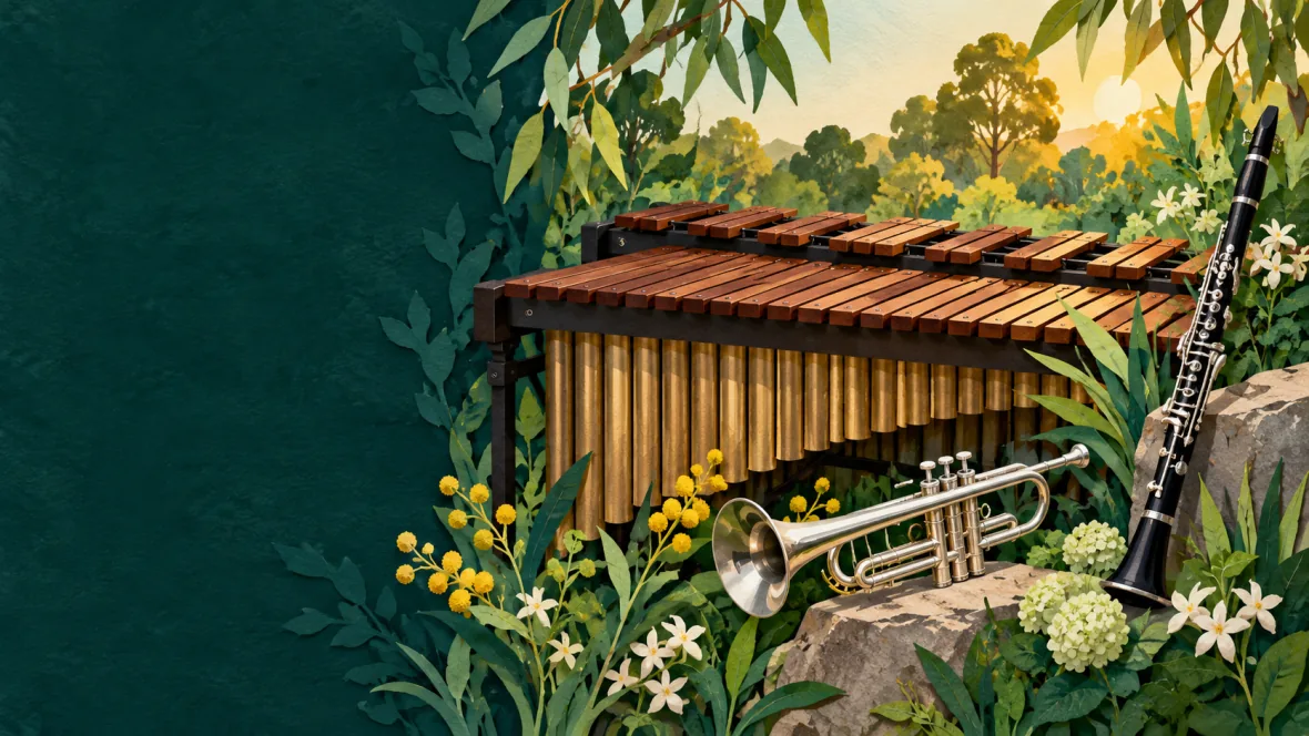 Garden illustration with marimba, trumpet and clarinet (AI-generated)