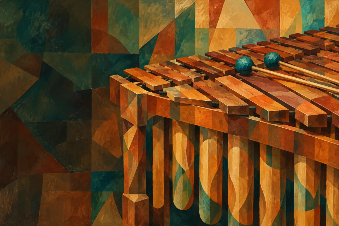 Abstract illustration of a marimba and mallets in warm colours (AI-generated)