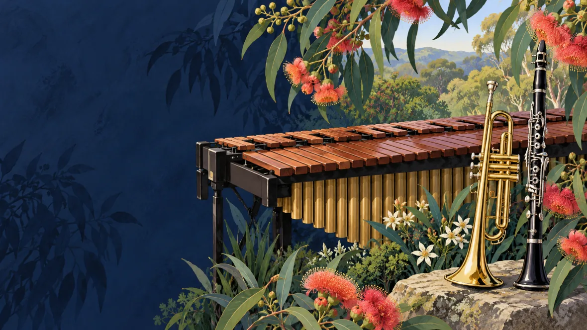 Garden illustration with marimba, trumpet and clarinet (AI-generated)