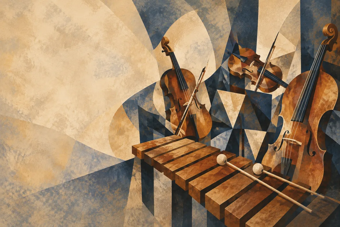 Cubist illustration of xylophone and strings in amber and indigo (AI-generated)