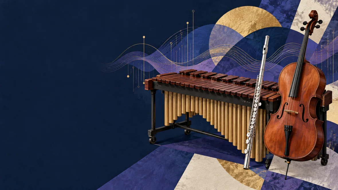 Illustration of marimba, flute, cello and abstract sound waves (AI-generated)