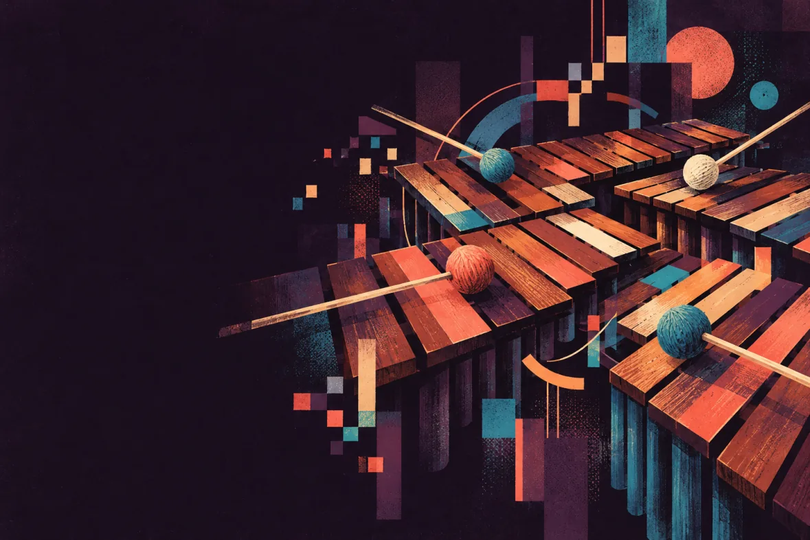 Illustration of four marimba voices and colorful rhythmic forms (AI-generated)