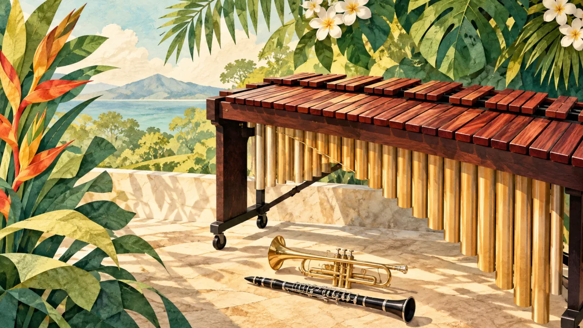 Garden illustration with marimba, trumpet and clarinet (AI-generated)
