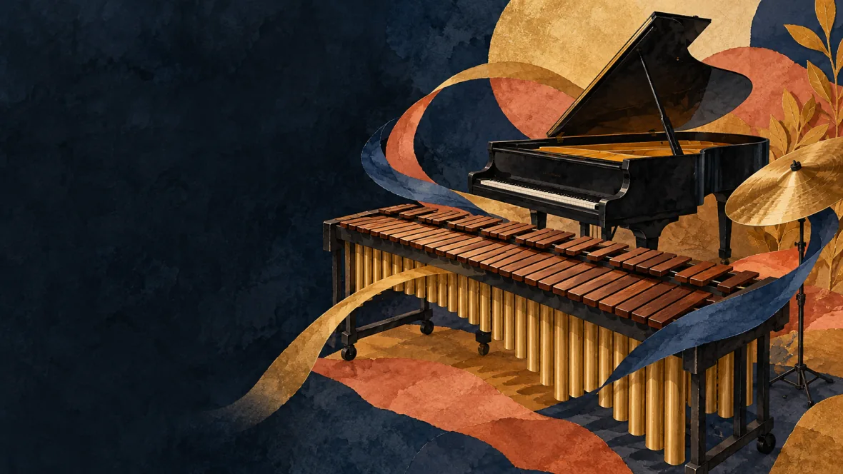 Illustration of marimba, piano and cymbal connected by ribbons (AI-generated)