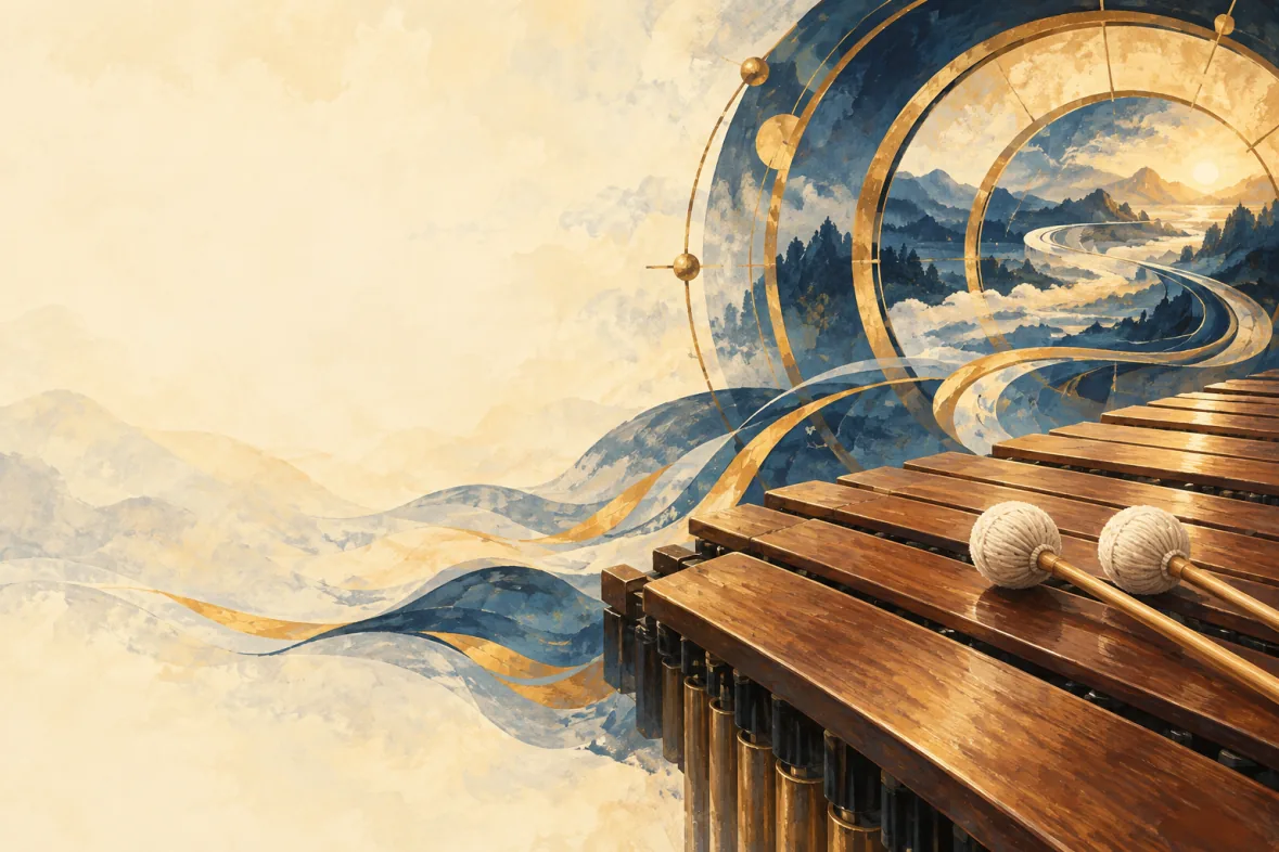 Marimba and mallets with circular forms suggesting a journey through time (AI-generated)