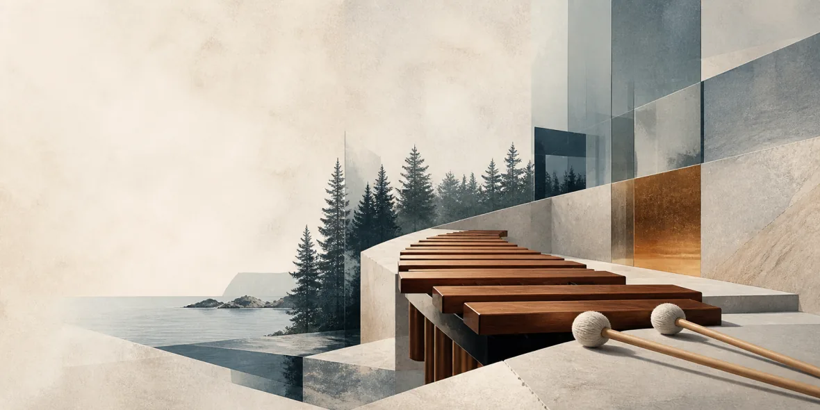 Abstract marimba bars and mallets beside a Nordic forest and geometric architecture