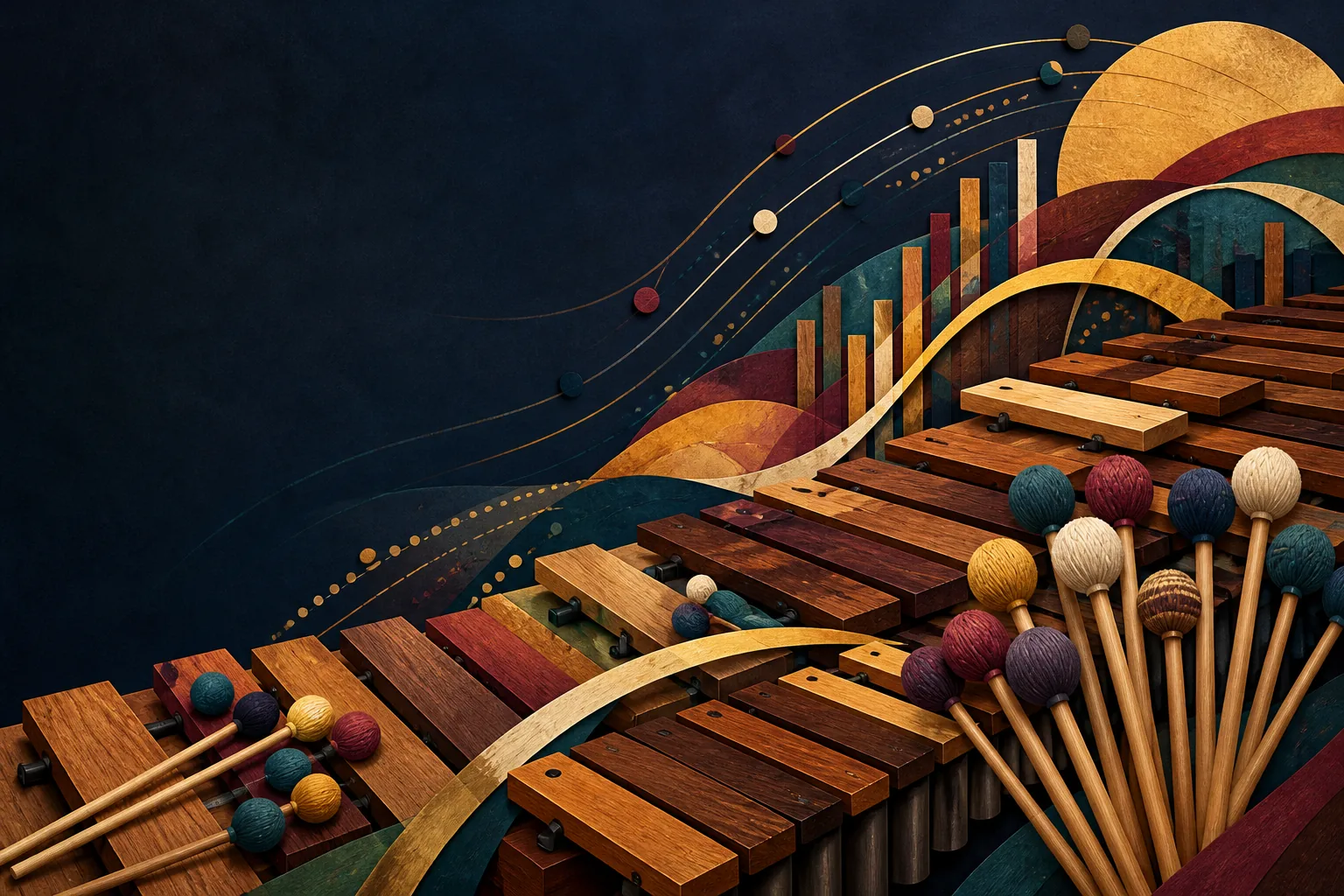 Abstract marimba orchestra forms in walnut, gold, burgundy and deep blue