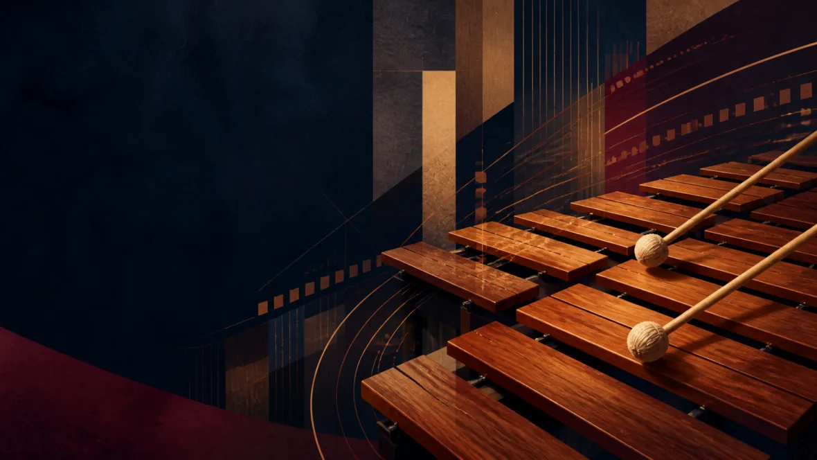 Abstract marimba bars and mallets for a keyboard percussion masterclass