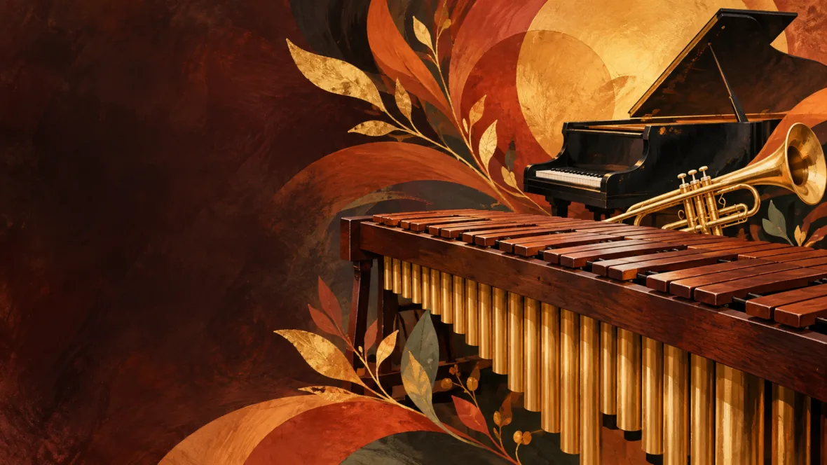 Marimba, piano and trumpet motifs in warm autumn colours (AI-generated illustration)