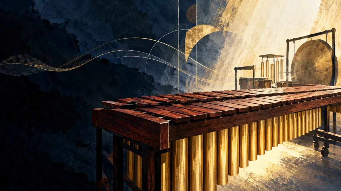 Marimba and percussion emerging from indigo shadow into warm light, an illustration