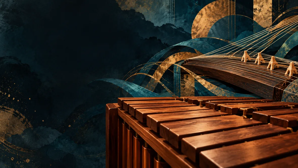 Illustration of a marimba and a Japanese koto