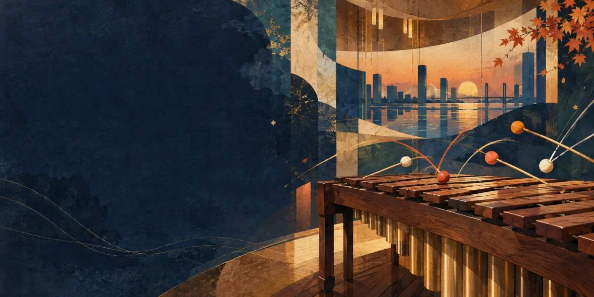 Original abstract marimba and rhythmic mallet arcs in an indigo autumn concert atmosphere