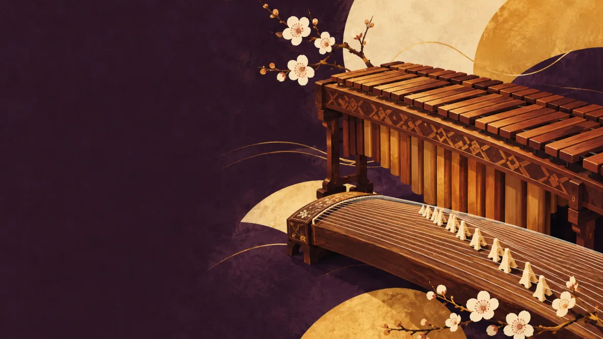 Illustration of a marimba and a Japanese koto