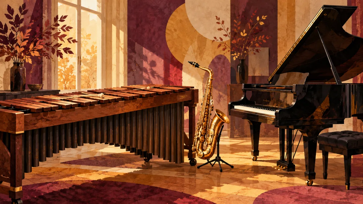 Saxophone, marimba and piano in autumn colours (AI-generated illustration)