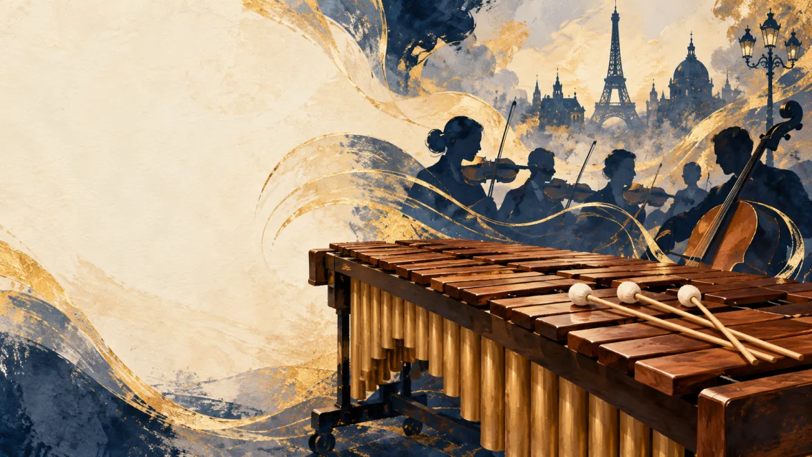 Illustration of marimba, orchestral strings and an imagined Paris landscape (AI-generated)