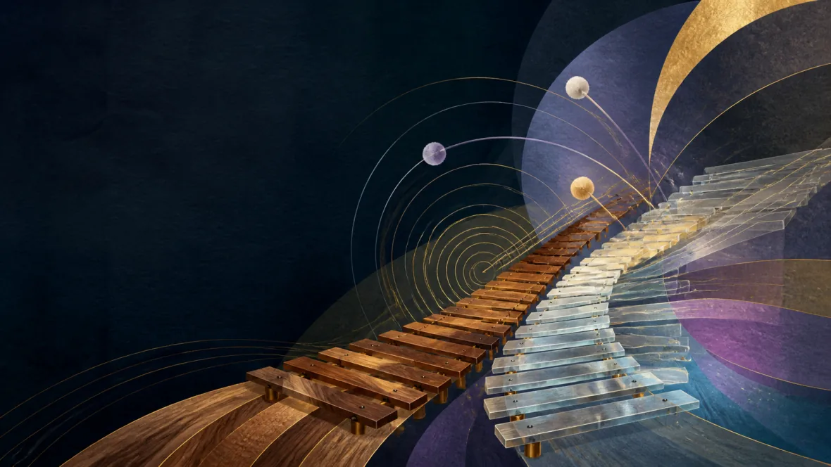Warm wooden marimba bars and translucent metal bars forming an abstract path of resonance