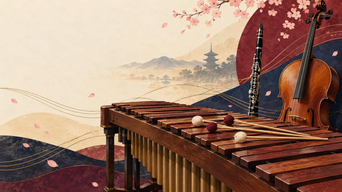 Illustration of marimba, clarinet, cello and an imagined spring Kyoto landscape (AI-generated)