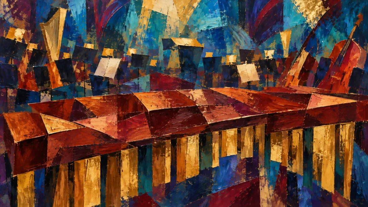 Cubist abstraction of marimba and orchestral sound (AI-generated)