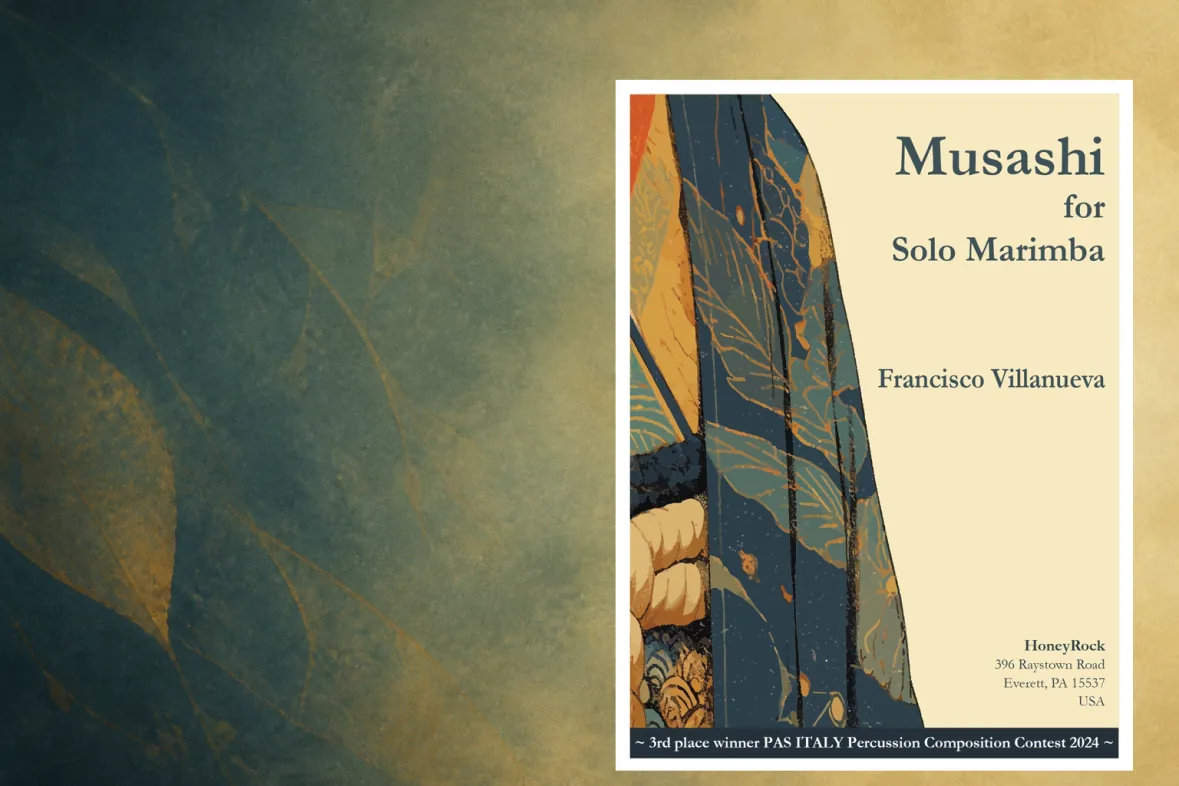 Official cover of Musashi for Solo Marimba by Francisco Villanueva, placed at the lower right over a softly blurred background